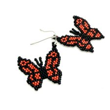 Kolczyki motyle rękodzieło Butterfly Beaded Earrings, Handmade Seed Bead Earrings, Black Red Butterfly Earrings, Stainless Steel Hooks, Nature Inspire