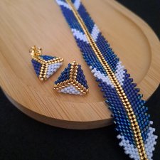 Niebiesko-złoty zestaw biżuterii z koralików - Bransoletka i geometryczne kolczyki na sztyfcie