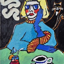 obraz do salonu olejny diva babcia z drinkiem przy zielonym stole