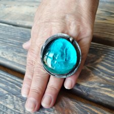 Orazały turkusowo morski  regulowany witrażowy pierścionek