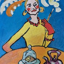 obraz do salonu portret pióra nad głową, cisza na stole