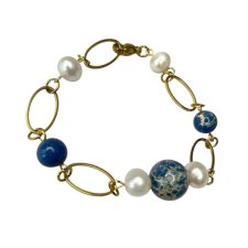 Pozłacana bransoletka z jaspisami w otoczeniu pereł c1348