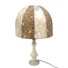 Włoska lampa stołowa vintage alabaster / onyks, ręcznie szyty klosz lata 60.