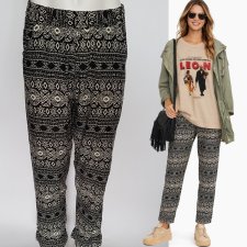 Spodnie damskie boho etniczne czarno-kremowe wzory azteckie z gumką i kieszeniami M / L Hv260
