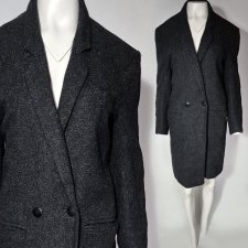 Płaszcz vintage z wełną  power look szerokie ramiona dwurzędowy grafit unisex Freewill of London 38 M Hu106