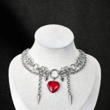 Choker chainmaille z czerwonym sercem i kolcami – stal chirurgiczna, gothic punk vampire, custom