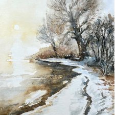 Stare drzewo nad rzeką zimą original akwareli A4