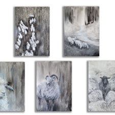 Wyjątkowy zestaw 5 ręcznie malowanych obrazów "Owce"