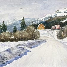 Jasny dzień śnieg i góry originalna akwareli A4