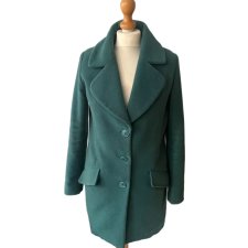 Zielony Turkusowy Morski płaszcz z kieszeniami – klasyczny, elegancki, rozmiar 38