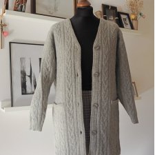 Wełniany ciepły sweter angora szary kardigan splot warkocz 38