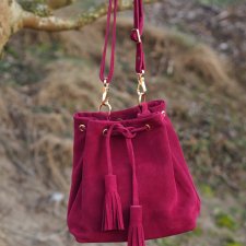 Torebka skórzana - worek bordowy - skóra zamszowa  - od DOMILKOWYDOMEK