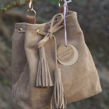 Torebka skórzana - miękki worek beżowy- skóra zamszowa  - od DOMILKOWYDOMEK