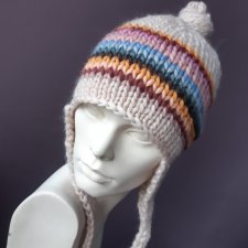 100% WOOL * pilotka * wełniana czapka * wiązana * z nausznikami * balaclava * kolorowe paski
