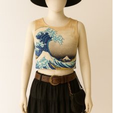 Vintage Avant Garde Top Hokusai Sea Print • Bluzka Fala • Crop Top M