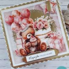 Kartka na roczek dla dziewczynki z misiem, personalizacja