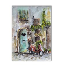 Akwarela ręcznie malowana oryginalna "Włoska Uliczka ze Skuterem"