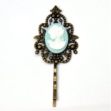 Spinka do włosów wsuwka mosiądz kamea jasny turkus biel