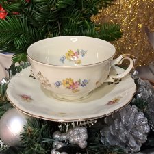 Porcelana Kronester Bavaria, filiżanka do herbaty ze spodkiem, złocenia, styl vintage