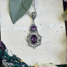 Miedziany posrebrzany wisiorek z ametystem - etniczny, boho #681