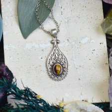 Miedziany posrebrzany wisiorek z tygrysim okiem - etniczny, boho #682