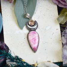 Miedziany posrebrzany wisiorek z agatem i cytrynem - lunula #686