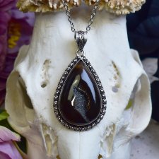 Posrebrzany miedziany wisiorek z z czarnym agatem z druzą #825