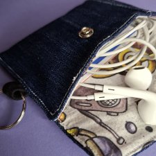 Mini Etui na Słuchawki Klucze Karty Portfelik zerowaste - jeansowo muzyczne