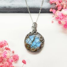 Naszyjnik Labradoryt Niebieski stal chirurgiczna wisiorek handmade wirewrapping