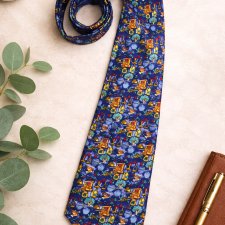 Elegancki Krawat Męski w Stylu Vintage – Granatowy w Oryginalny Wzór