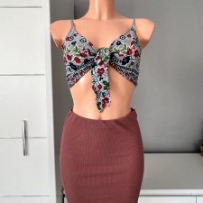 Shein S 36, 100% rayon, crop top wiązany, krótki, z wzorkami