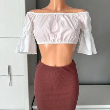 Bershka 36 S, crop top biały, 100% bawełna, krótki, z szerokimi rękawami