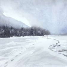 Spacer wzdłuż zamarzniętej rzeki 30/42cm. Original Akwarela A3