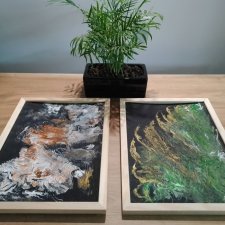 ZESTAW RĘCZNIE MALOWANYCH OBRAZÓW Z RAMAMI - DYPTYK MISTYCZNY POURING - 2x 40x30cm