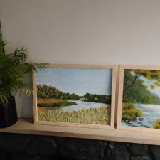 Zestaw ręcznie malowanych obrazów z ramami - dyptyk nostalgiczny schyłek lata, polski pejzaż