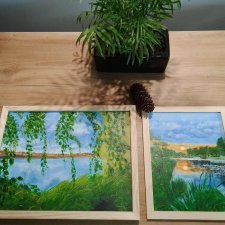 Zestaw ręcznie malowanych obrazów z ramami - dyptyk magiczna wiosna-lato, polski pejzaż