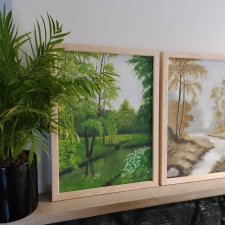 ZESTAW RĘCZNIE MALOWANYCH OBRAZÓW Z RAMAMI - DYPTYK MAGICZNA WIOSNA-JESIEŃ, POLSKI PEJZAŻ 2x 30x40cm