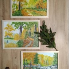 ZESTAW RĘCZNIE MALOWANYCH OBRAZÓW Z RAMAMI - TRYPTYK JESIENNY POLSKI PEJZAŻ - 3x 40x30cm