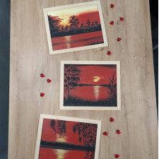 ZESTAW RĘCZNIE MALOWANYCH OBRAZÓW Z RAMAMI - TRYPTYK ROMANTYCZNE WSCHODY I ZACHODY - 3x 24x30cm