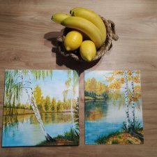 ZESTAW RĘCZNIE MALOWANYCH OBRAZÓW - BRZOZOWY DYPTYK SŁONECZNA JESIEŃ - 1x 30x30cm + 1x 30x24cm