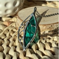 Naszyjnik witrażowy wisiorek na łańcuszku Listek kolor Turkusowy