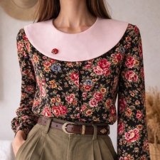 Bluzka vintage w kwiaty z dużym kołnierzem kołnierzyk romantyczna retro Cottage