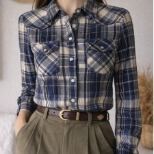 New Look Niebieska Flanelowa koszula w kratkę długa jesień bawełna