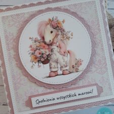 Kartka urodzinowa z uroczym konikiem w ogrodniczkach