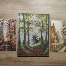 ZESTAW RĘCZNIE MALOWANYCH OBRAZÓW - TRYPTYK LEŚNY, POLSKI PEJZAŻ 1x 40x30cm, 2x 24x30cm
