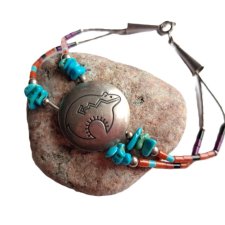 INDIAŃSKIA BRANSOLETKA - SREBRO I KAMIENIE - WYRZEŹBIONY NIEDŹWIEDŹ