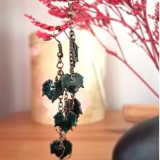 SZMARAGDOWE LISTKI WINOROŚLI - DŁUGIE MISTERNE ARTYSTYCZNE KOLCZYKI