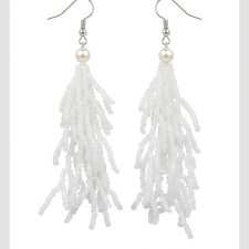Długie Kolczyki Boho z Białych Koralików - Ślubne Kolczyki Chwosty z Perłą