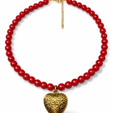 Naszyjnik z Czerwonych Korali z Grawerowanym Sercem w Kolorze Starego Złota - Styl Etno/Boho