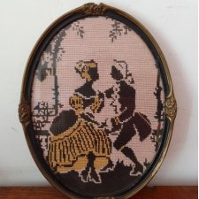 VINTAGE HAFT KRZYZYKOWY - SCENKA RODZAJOWA STYL ROKOKO - RĘKODZIEŁO